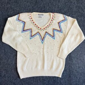 Western Connection Vintage Beaded Sequin Cowgirl Sweater Cream Sz M